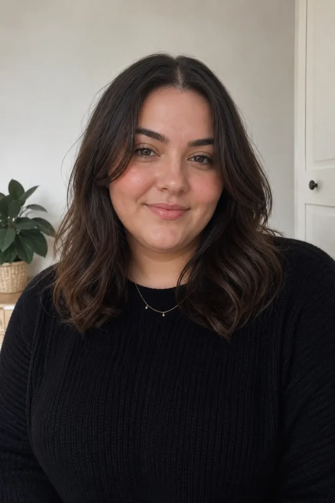 a plus-size woman with medium-length dark brown hair styled in a middle part with soft natural waves. She has a relaxed candid expression