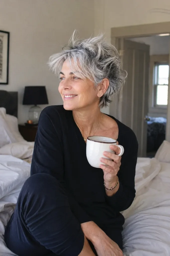 a woman in her mid-50s with a messy bedhead pixie cut and natural salt-and-pepper hair, sitting relaxed on a bed while holding a cup of coffee. Soft morning light fills the cozy room