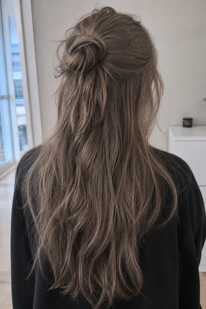 Back view of a young girl with a messy half-up bun and long ash brown wavy hair indoors.