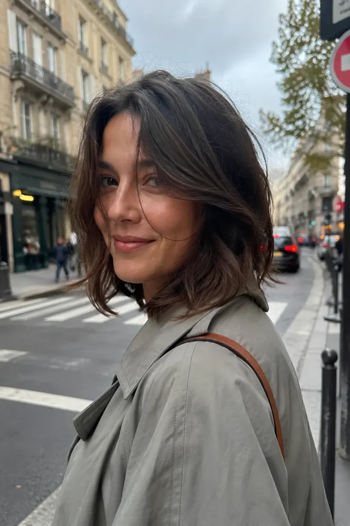 : Real everyday brunette woman with a messy layered bob hairstyle and tousled texture, posing candidly on a city street. Her effortless bob has soft movement and natural volume
