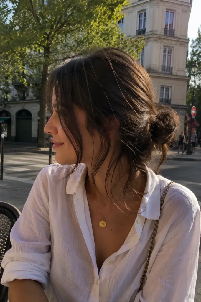 Real girl with a messy low bun hairstyle sitting outdoors in soft sunlight, featuring loose face-framing strands, natural flyaways,