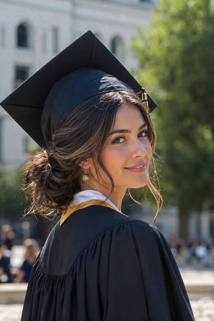 Messy low bun graduation hairstyle on a real young woman with soft face-framing strands, natural skin texture, and a candid smile, wearing a graduation cap slightly pushed back to reveal hairstyle details on a sunny university campus