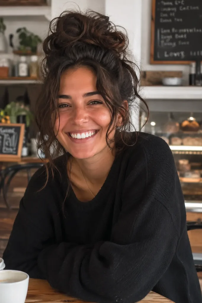 Smiling woman with thick wavy hair styled in a messy bun sits in a cozy café, wearing a black sweater under warm natural lighting