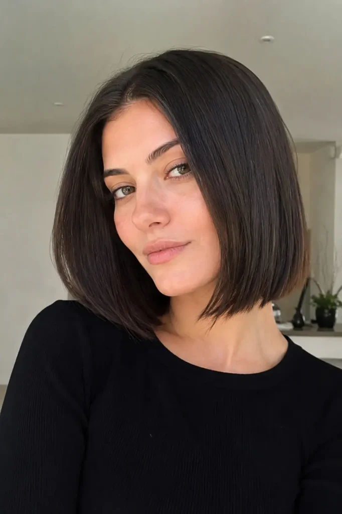 Real girl with thick straight glossy glass bob haircut, smooth sleek texture, natural daylight, minimal makeup, and realistic skin detail in a soft indoor setting.

