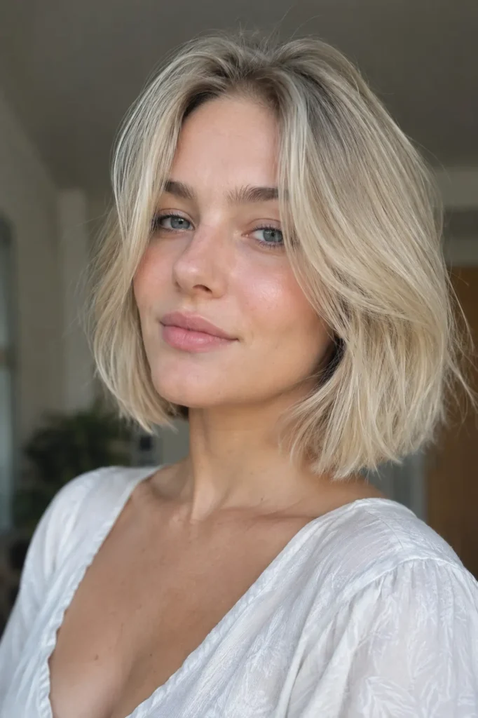 a young woman with light blonde, slightly tousled bob haircut and fair skin, wearing a white blouse,