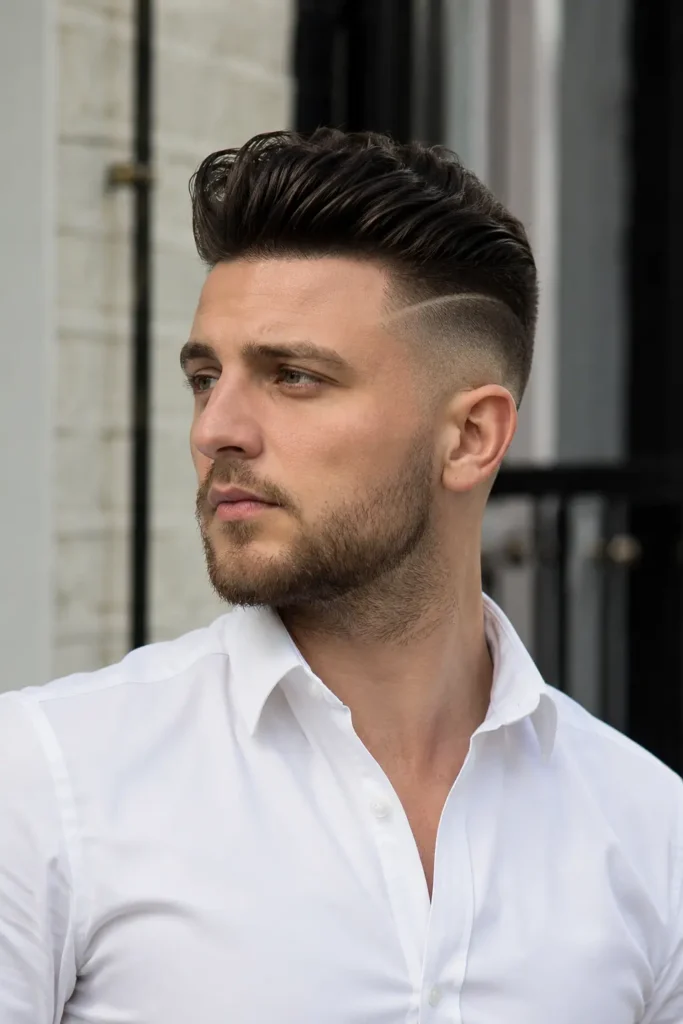 an English man in his late 20s with a mid fade pompadour haircut and sharp razor line design, wearing a crisp white shirt.