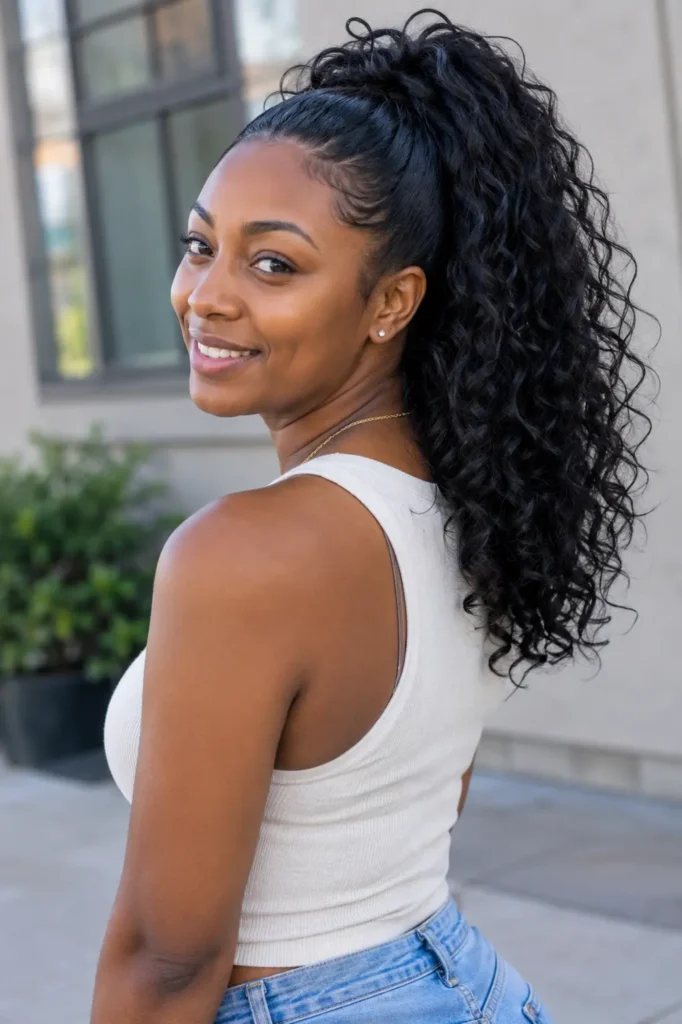 a smiling young woman with a mid-height curly quick weave ponytail featuring soft, voluminous curls with natural movement