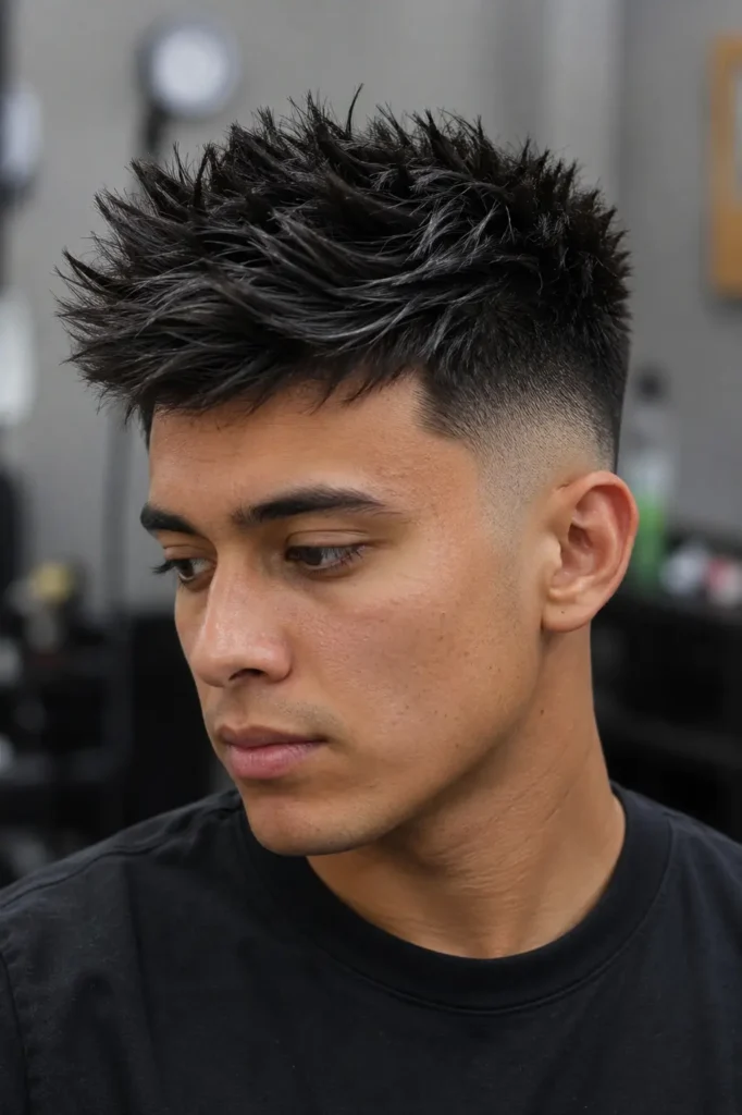 Young man with a mid skin fade and spiky textured haircut, featuring sharp fade transitions and messy lifted spikes on top