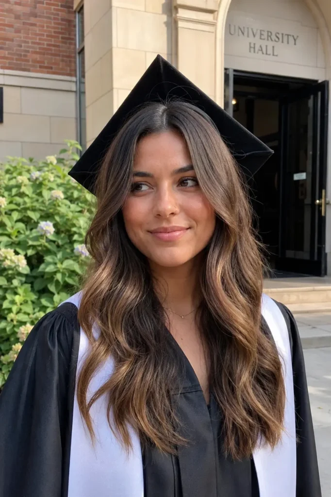 Middle-part loose waves graduation hairstyle on a real young woman wearing a graduation cap positioned slightly back