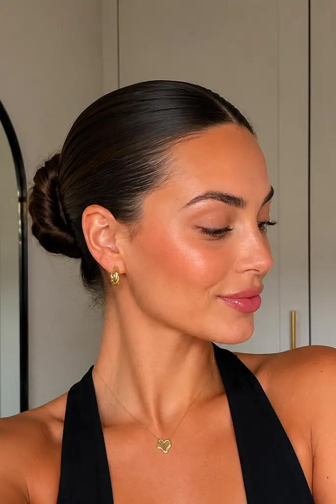 woman aged around 23–35 with a sleek middle-part low bun hairstyle, glossy slicked-back hair, natural elegant expression