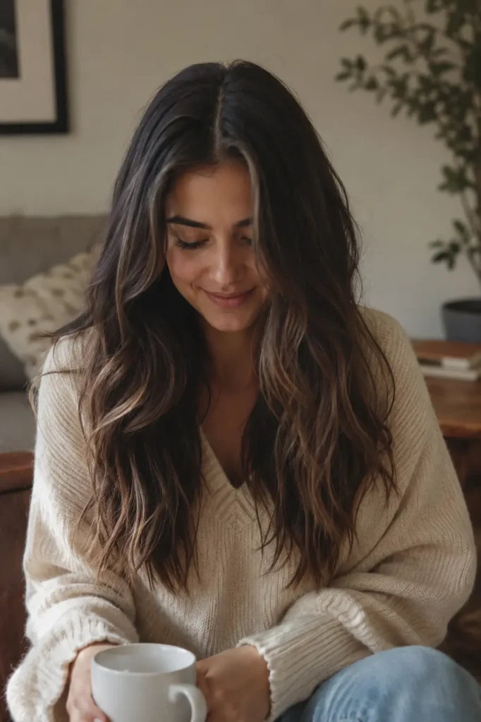 a woman with thick middle-part wavy hair sitting indoors in natural sunlight, wearing soft neutral clothing and holding a white mug, with healthy textured waves