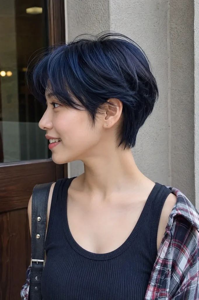 Young woman with a midnight blue layered pixie haircut standing outdoors in natural daylight. Her sleek blue-black hair has soft textured layers and subtle volume with realistic shine and detail. She wears a modern casual outfit