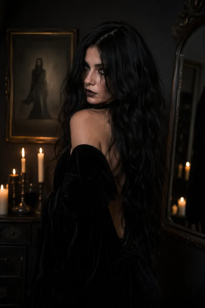 Dark gothic portrait of a real young woman with long raven-black wavy hair and glossy texture, wearing a black velvet dress in a candlelit room with a mystical witch-inspired aesthetic and smoky makeup.