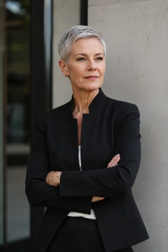 Real woman in her mid-60s with a sharply cropped military-inspired pixie cut in cool silver-gray hair, standing confidently against a modern architectural background. She wears minimalist black clothing and has a composed, powerful expression