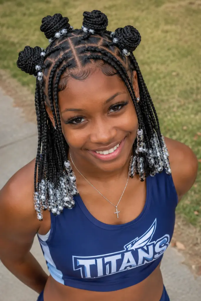Young Black female athlete outdoors wearing a navy track uniform, photographed from a slightly elevated angle to showcase beaded box braids styled into multiple mini buns