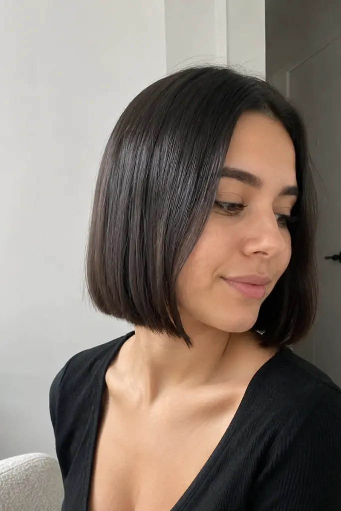 real young woman with a sleek straight minimalist bob haircut, styled with a smooth glossy finish.