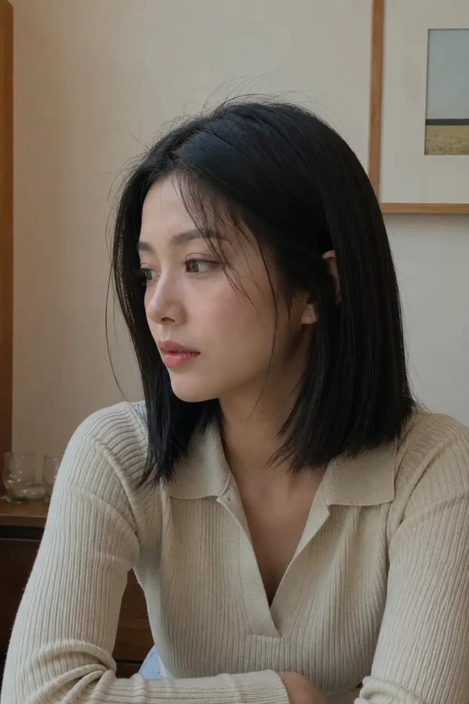 A real young woman with a minimalist straight lob haircut and sleek black hair sits indoors under soft, natural lighting. She wears a neutral beige ribbed top