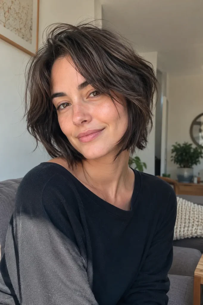 woman with a modern air-dry layered bob hairstyle featuring soft natural texture, lightweight layers, and effortless volume