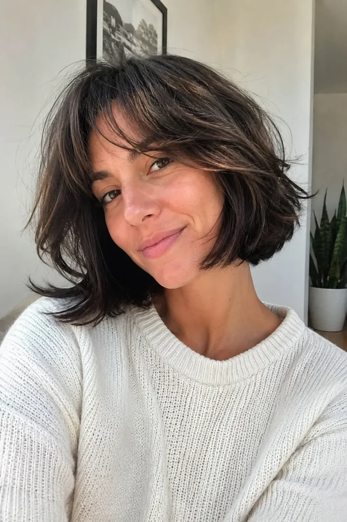 Woman with a textured layered bob haircut featuring soft, tousled layers and natural movement, photographed in soft daylight.
