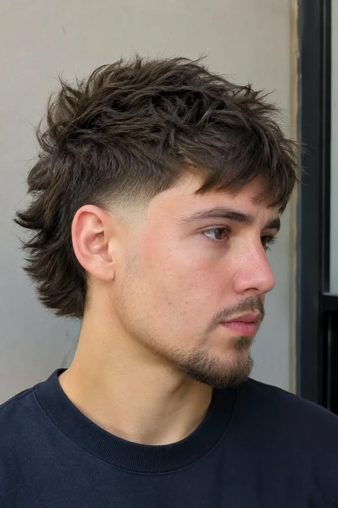 a young man with a modern mullet fade haircut, featuring textured layered hair on top and longer layers in the back with clean faded sides