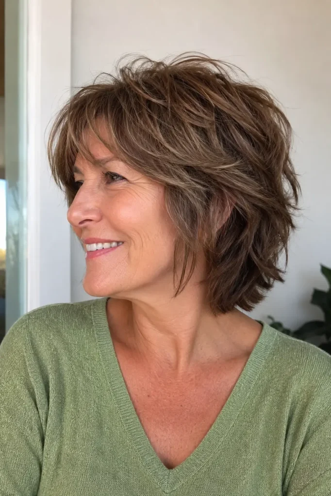 a woman around 50–60 years old with a modern shag bob hairstyle featuring soft textured layers and natural movement