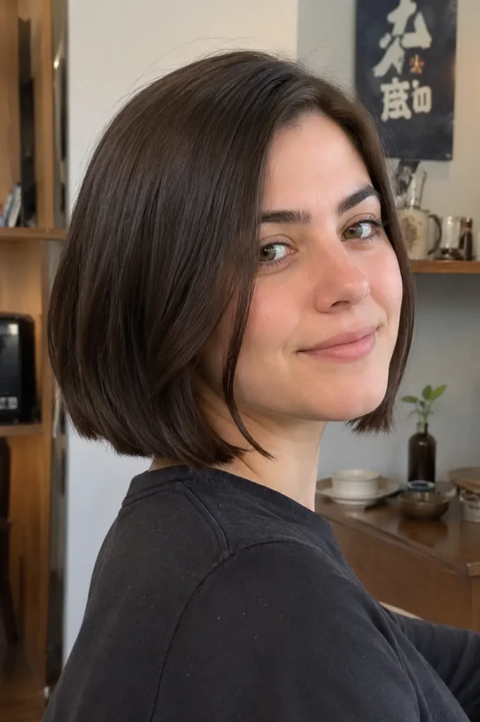 Real girl with a soft blunt bob haircut, smooth finish with slight natural texture and healthy shine, photographed indoors in natural light