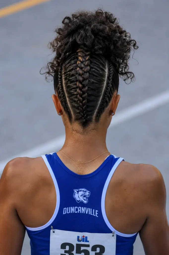 Back view of a teenage track athlete with dark hair styled in a braided mohawk leading into a high curly ponytail, wearing a blue track and field uniform on a running track.