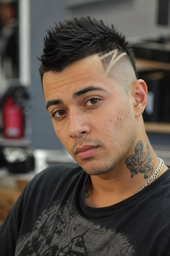 a young man with a textured mohawk fade haircut and shaved geometric side design, featuring natural skin texture,