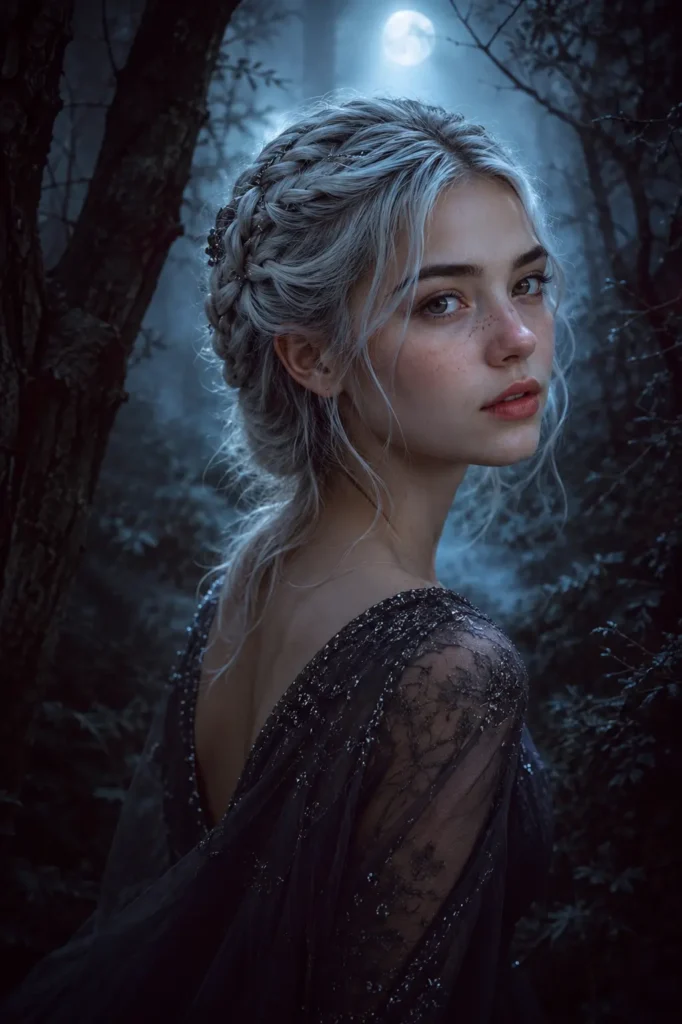 young girl with silver braided crown hairstyle and soft loose strands standing in a moonlit mystical forest, featuring glowing skin