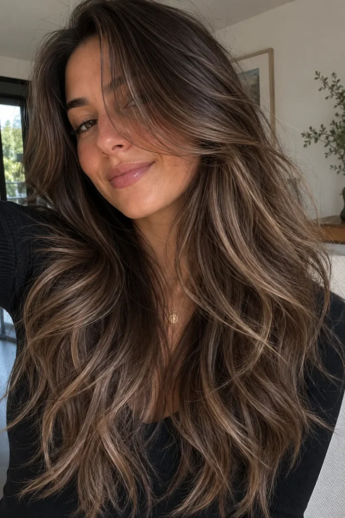 a young woman with long dark brown hair featuring muted ash brunette babylights. Her softly textured, tousled waves fill most of the frame, with subtle movement and natural dimension emphasized by casual indoor lighting