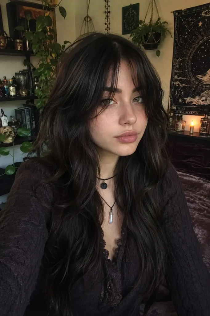 girl with long layered dark hair and soft curtain bangs in a cozy witchcore-inspired room, wearing a dark textured outfit with subtle crystal jewelry