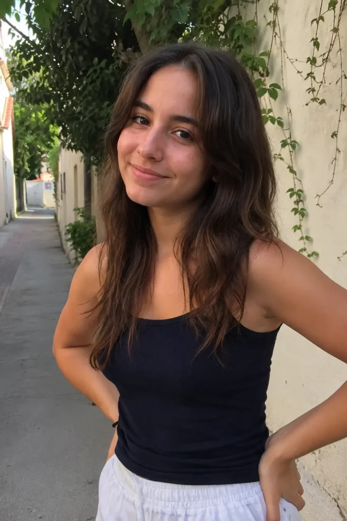 a real young woman with medium-length natural air-dried hair styled in soft loose waves. She is wearing a casual dark sleeveless top
