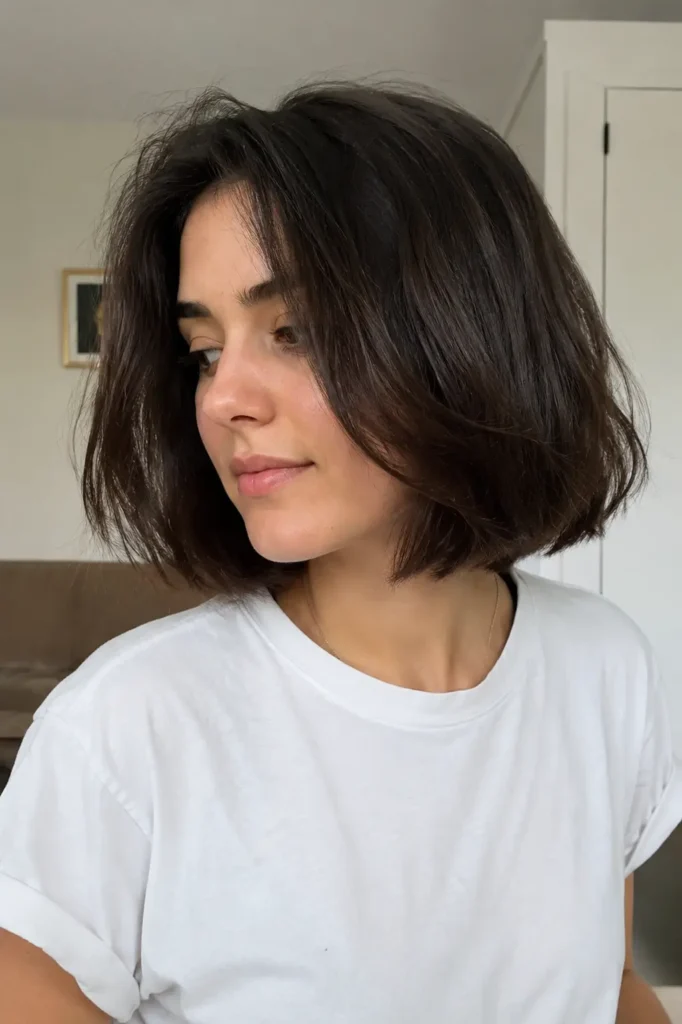 Real woman with a full-density, chin-length bob haircut, showcasing thick natural hair with soft volume and subtle layering