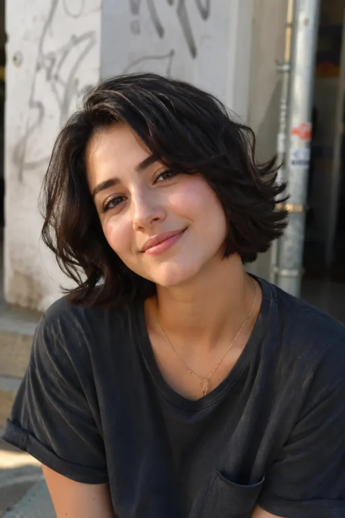 Young woman with short, slightly wavy dark hair in a relaxed, natural style, wearing a dark T-shirt and a thin necklace.