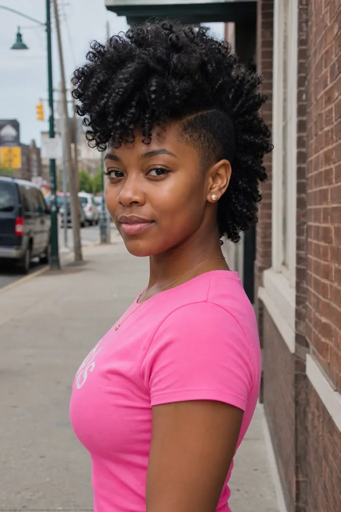Close-up street portrait of a young Black woman with a natural frohawk hairstyle and bold, defined curls. She is wearing a fitted pink t-shirt and standing confidently against an urban brick wall backdrop with soft, realistic daylight.