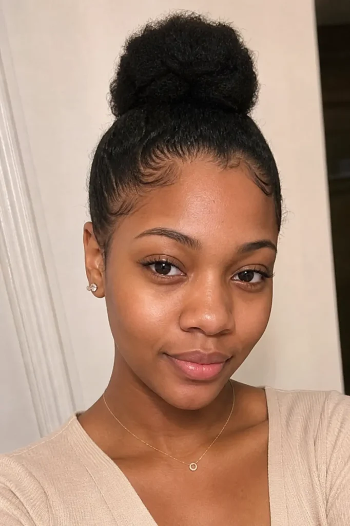 a young Black woman with warm brown skin and a natural high puff bun hairstyle. She has minimal makeup, neatly shaped brows, and a soft, calm expression with a slight smile. She is wearing a light beige top and a delicate necklace