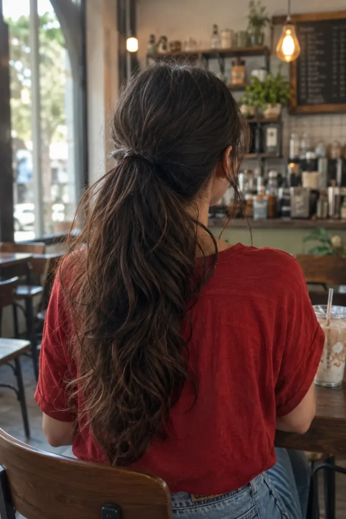 a young woman with a thick natural wavy ponytail sitting in a cozy café, wearing a red shirt. Soft daylight highlights the realistic hair texture and loose strands