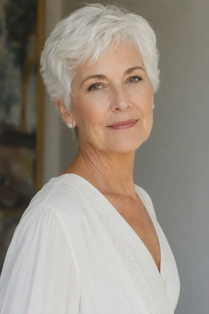 Elegant portrait of a woman in her late 60s with a natural white pixie haircut, glowing skin, and a serene expression, wearing delicate diamond earrings and a soft white blouse in diffused natural light.