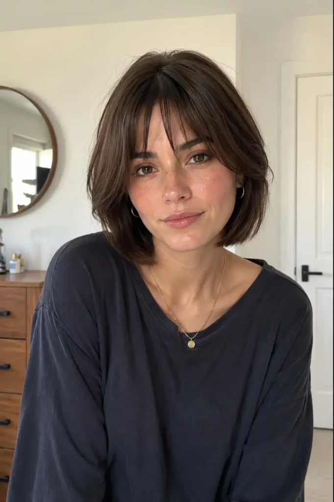a young woman with a neck-length layered bob haircut with soft natural movement and side-swept texture, wearing a dark casual top and a small pendant necklace