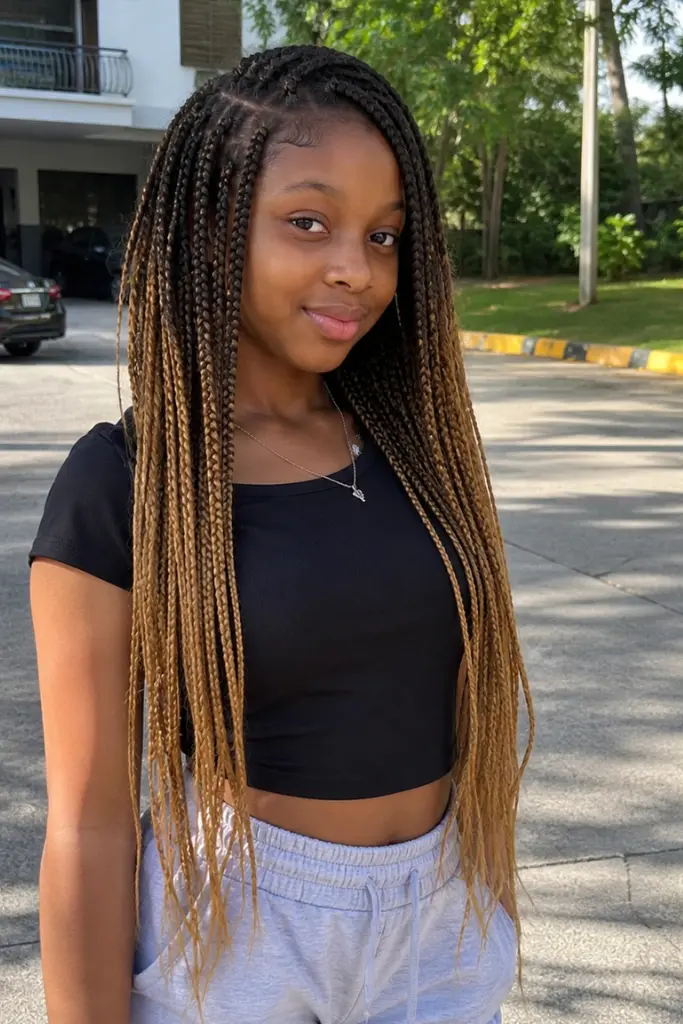 Young Black girl with long ombre braids fading from dark roots to light ends, standing outdoors in natural daylight. She wears a casual black cropped top and light gray shorts