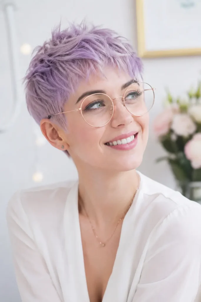 A joyful young woman in her late 20s with a soft pastel lavender pixie cut and thin rose gold glasses smiles dreamily against a bright, airy background. She wears a simple white outfit
