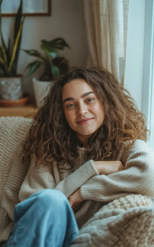 Young woman sitting comfortably on a sofa with naturally frizzy hair, wearing a cozy oversized sweater in soft indoor lighting. Relaxed candid lifestyle scene with a warm, authentic everyday aesthetic