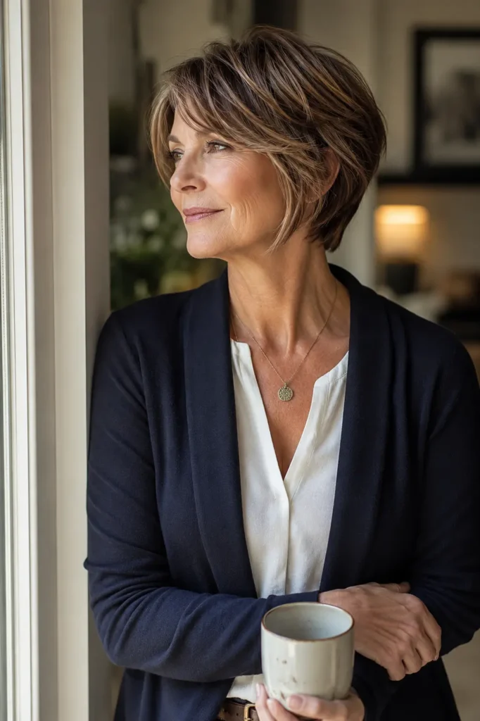A sophisticated 62-year-old woman with a chic pixie bob hybrid hairstyle featuring warm chestnut tones and natural gray highlights stands beside a softly lit window. Longer face-framing layers accent her cheeks, while her elegant casual outfit