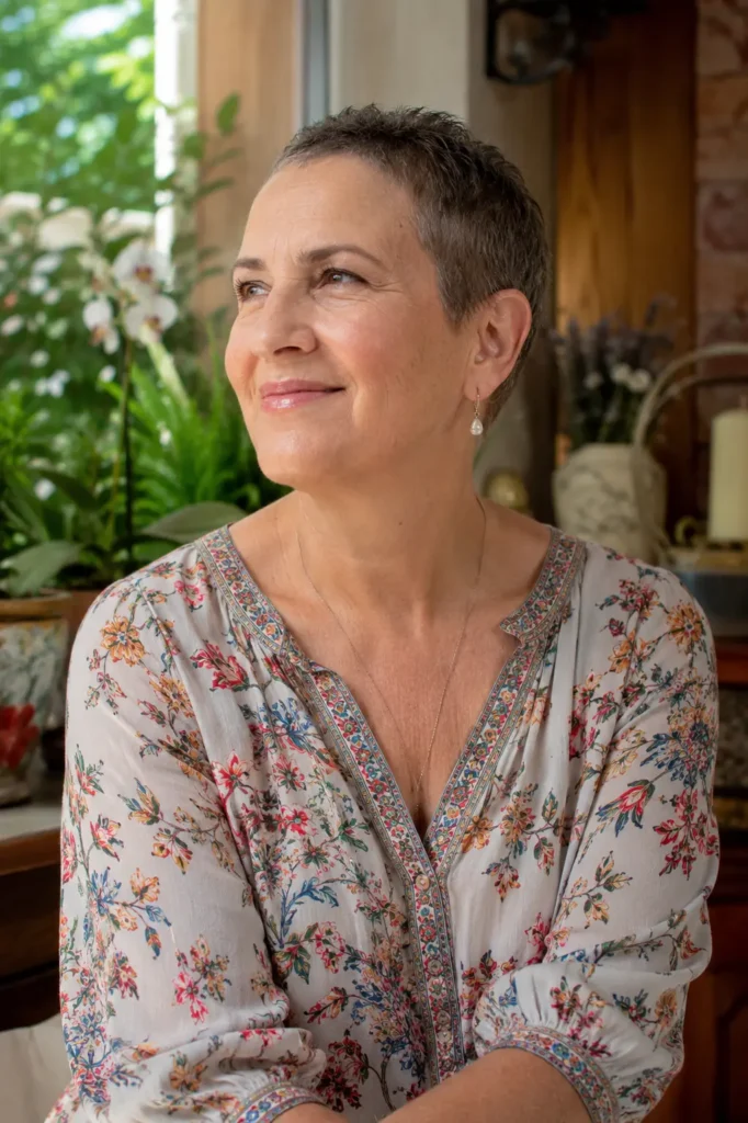 A mid-50s woman with a soft, short pixie haircut symbolizing post-cancer hair regrowth sits in a cozy, warmly lit home garden setting. She wears a floral blouse and a subtle necklace, with a serene, hopeful expression and a gentle smile