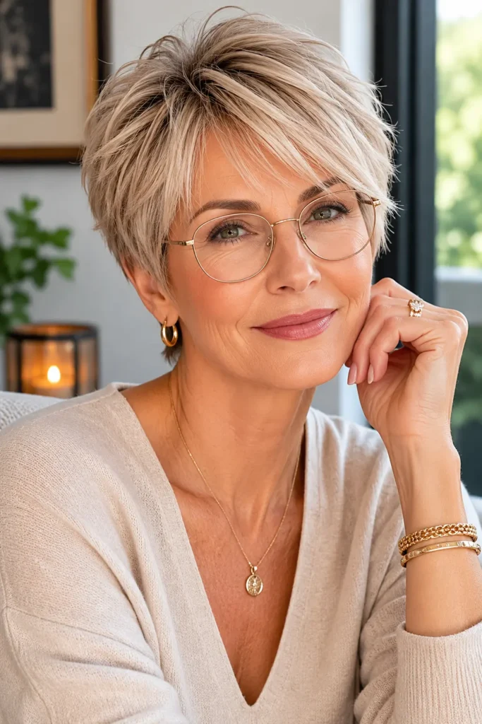 Confident mature woman in her 50s with a voluminous ash blonde pixie cut styled for fine hair, featuring blunt ends for fullness. She wears elegant wireframe oval glasses, subtle gold jewelry, and a soft neutral sweater.