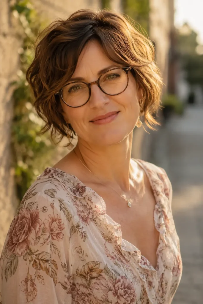 A woman in her early 40s with a heart-shaped face and warm light brown wavy pixie cut smiles softly in golden-hour outdoor light. She wears oval tortoiseshell glasses and a romantic floral blouse with delicate ruffle details