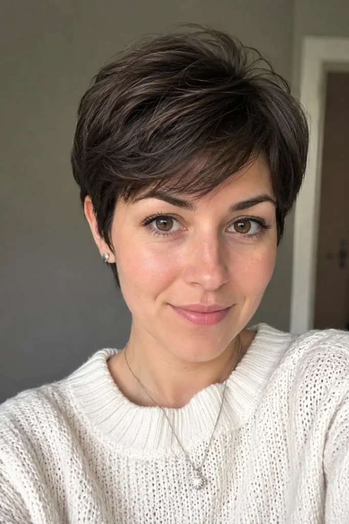 a young woman with an oval face shape and short pixie haircut featuring soft crown layers, photographed in natural indoor light with realistic hair texture and subtle shine, wearing a cozy cream sweater