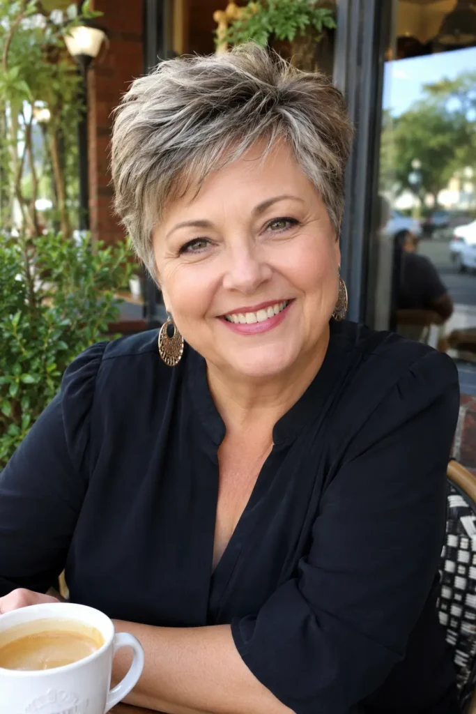 A smiling woman in her mid-50s with a voluminous pixie haircut blending soft silver and warm brown tones sits at an outdoor café in bright natural light. Her round face is beautifully framed by the textured hairstyle