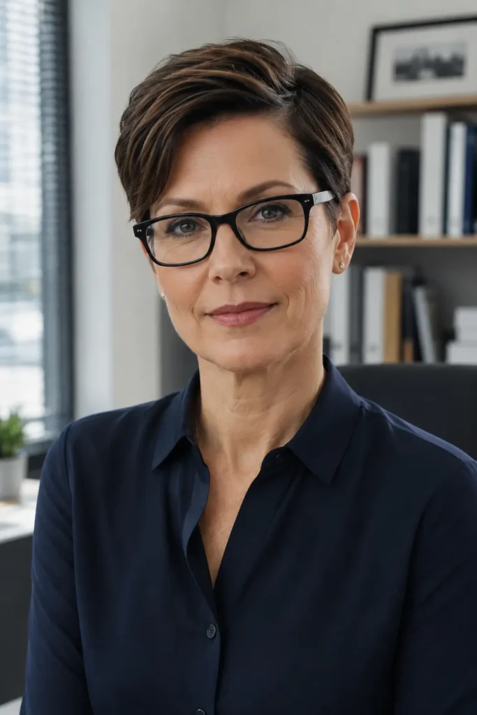 A professional woman in her late 40s sits in a modern office setting, wearing a dark navy work blouse and sharp rectangular black glasses