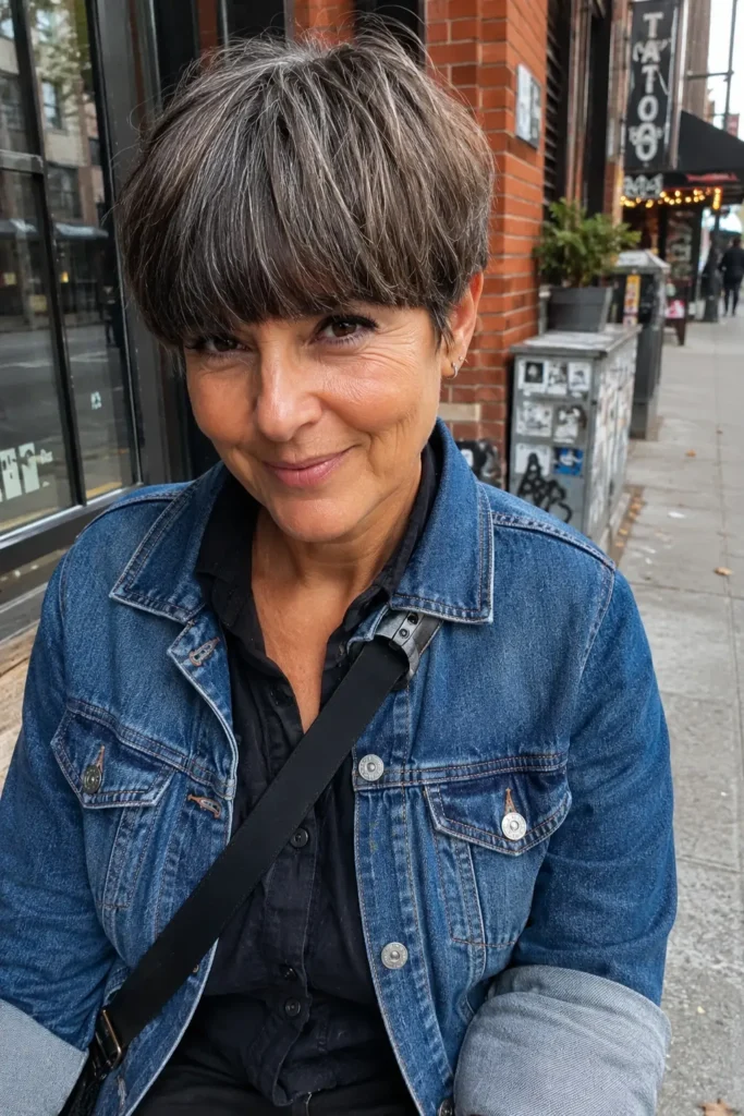 A candid street-style portrait of a real woman in her mid-50s with a chic pixie haircut and full blunt fringe covering her forehead. Her rich brunette hair is blended with natural silver highlights, and her